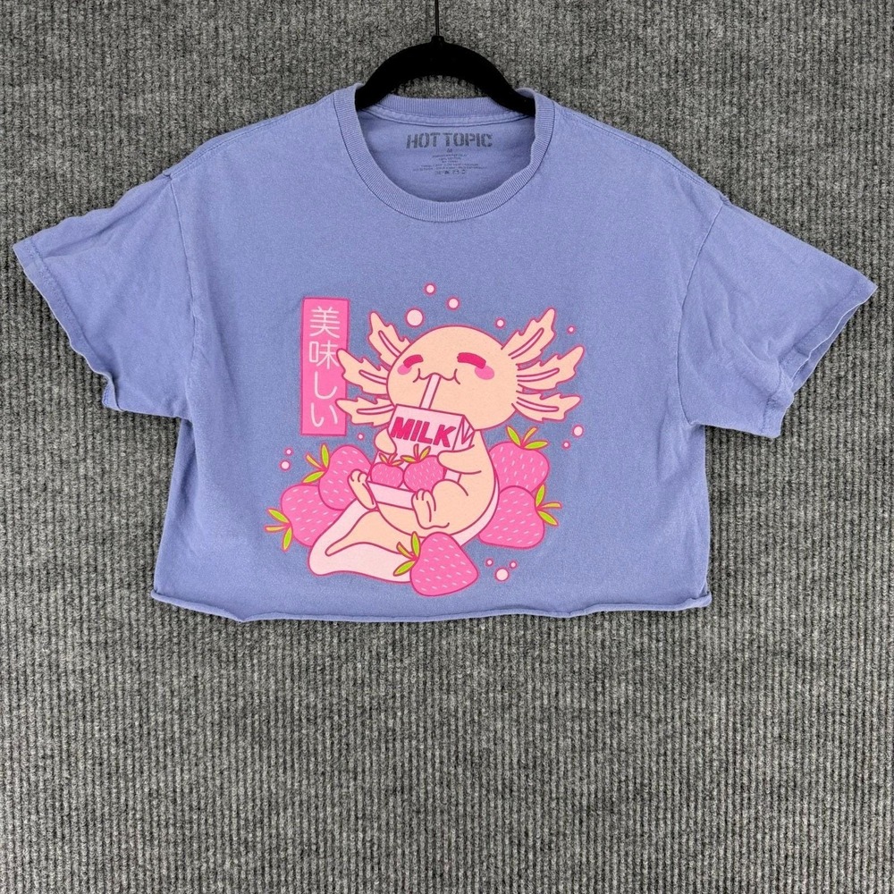 Hot Topic Axolotl Strawberry Milk Crop T-Shirt Raw Hem Purple Women's M Kawaii
